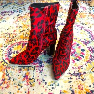 Jeffrey Campbell red and black leopard pointed toe boots